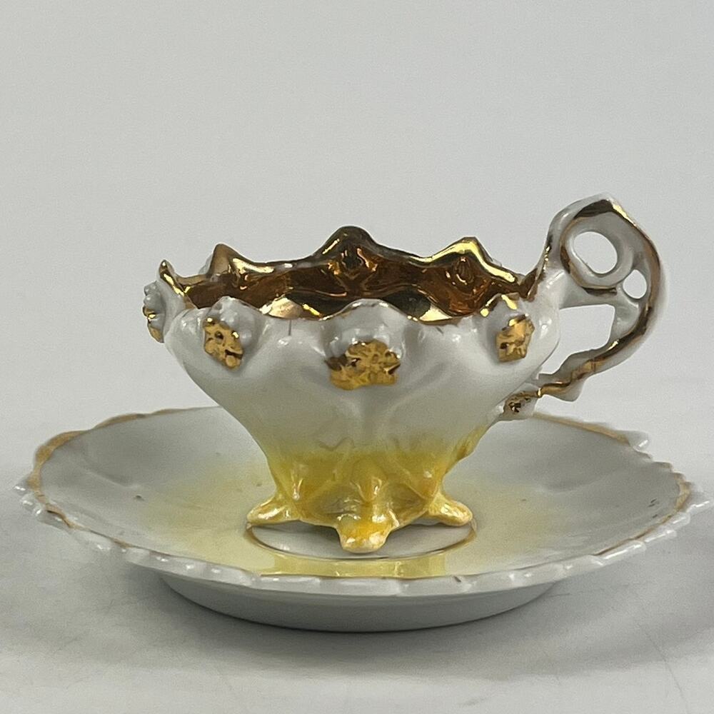 Vintage Miniature Porcelain Demitasse Cup & Saucer Set Gold Gilded Ornate Decor